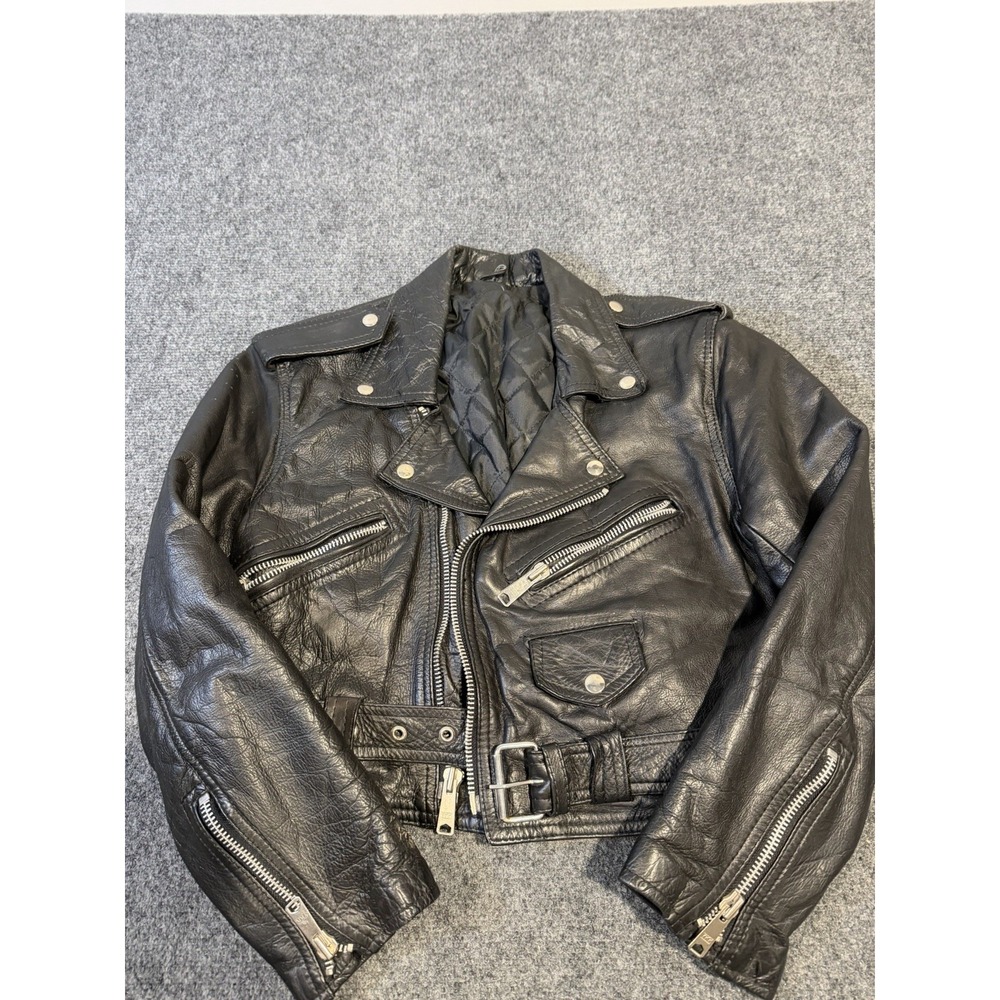 Vintage 80s Echtes Leder Black Leather Motorcycle Jacket Cropped Belted Small